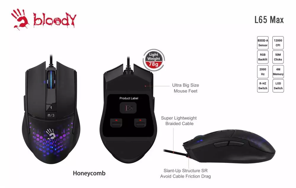 Геймърска мишка Bloody L65 Max Honeycomb Черна