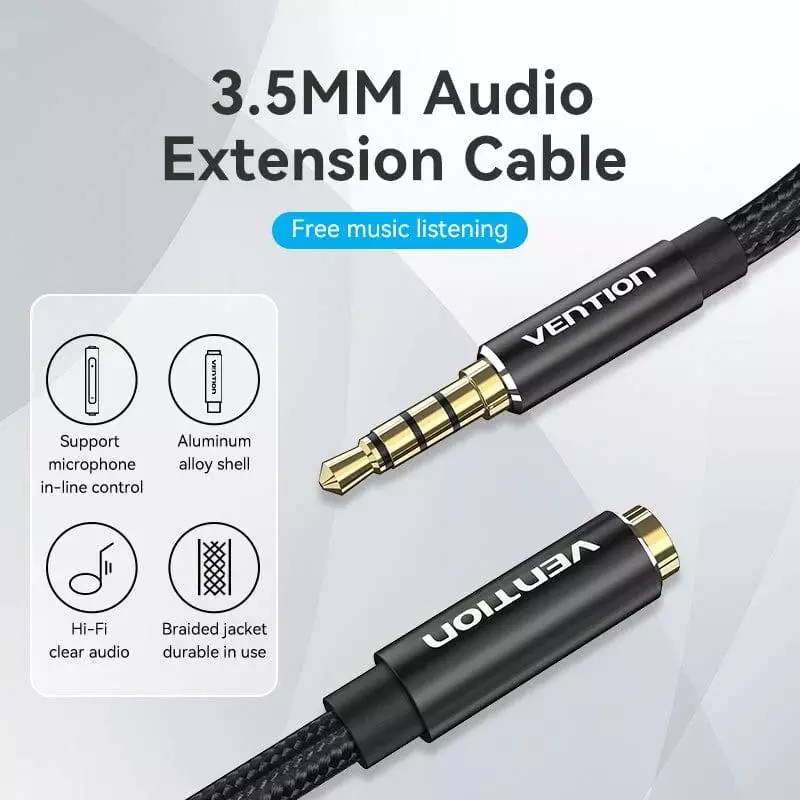Vention Аудио Кабел Cotton Braided TRRS 3.5mm Male to 3.5mm F - 0.5m - Gold plated, Aluminum alloy - BHCBD