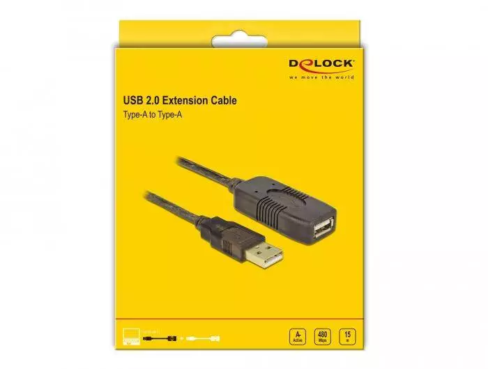 Удължителен кабел DeLock, USB-A женско - USB-A мъжко, USB 2.0, 15 м, Черен