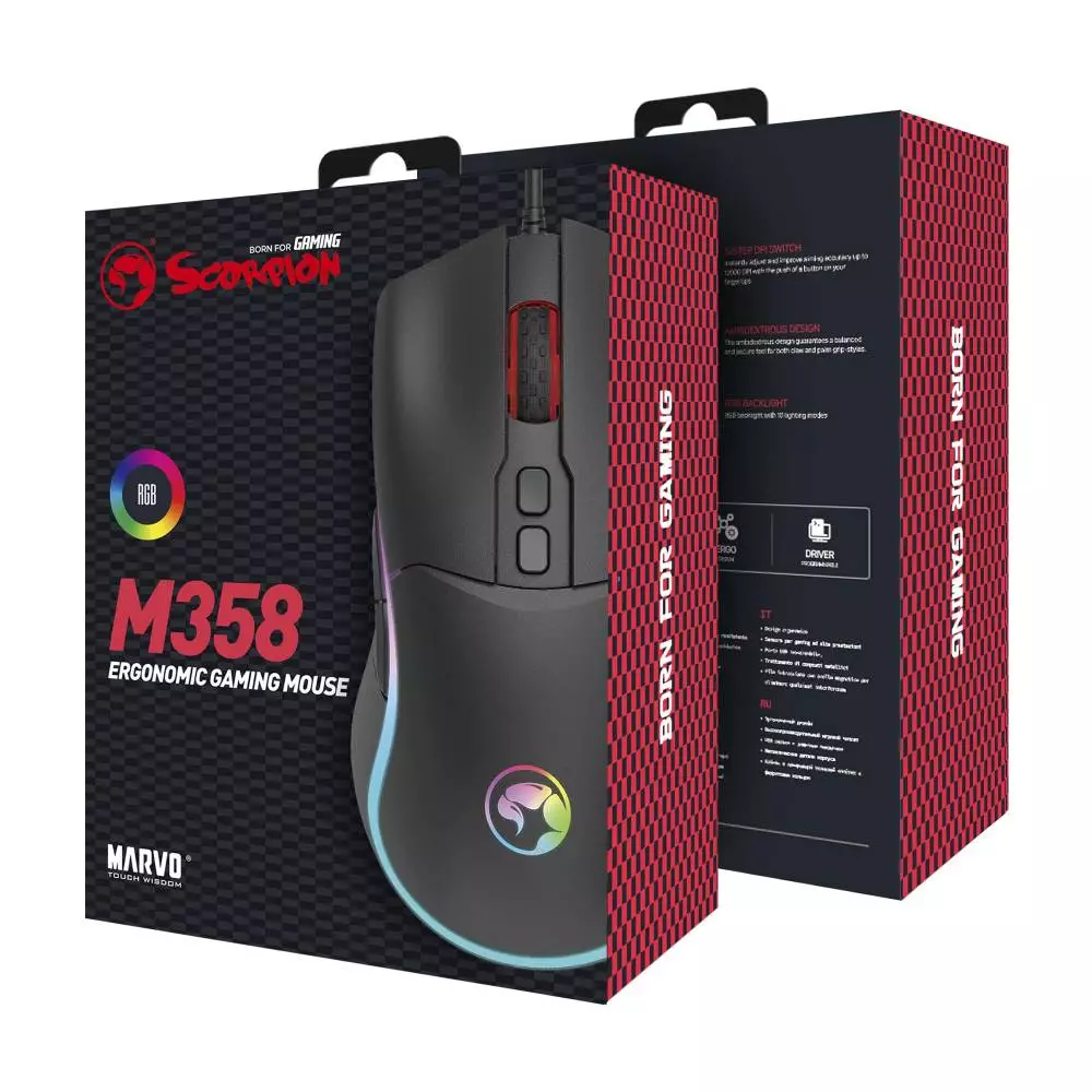 Геймърска мишка Marvo M358 RGB - 7200dpi, 7 programmable buttons