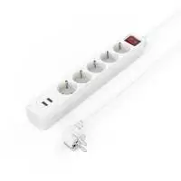 Разклонител HAMA USB 3.4A, 5 гнезда, 2x USB, 3400mA,1.4м, 3680W, Бял