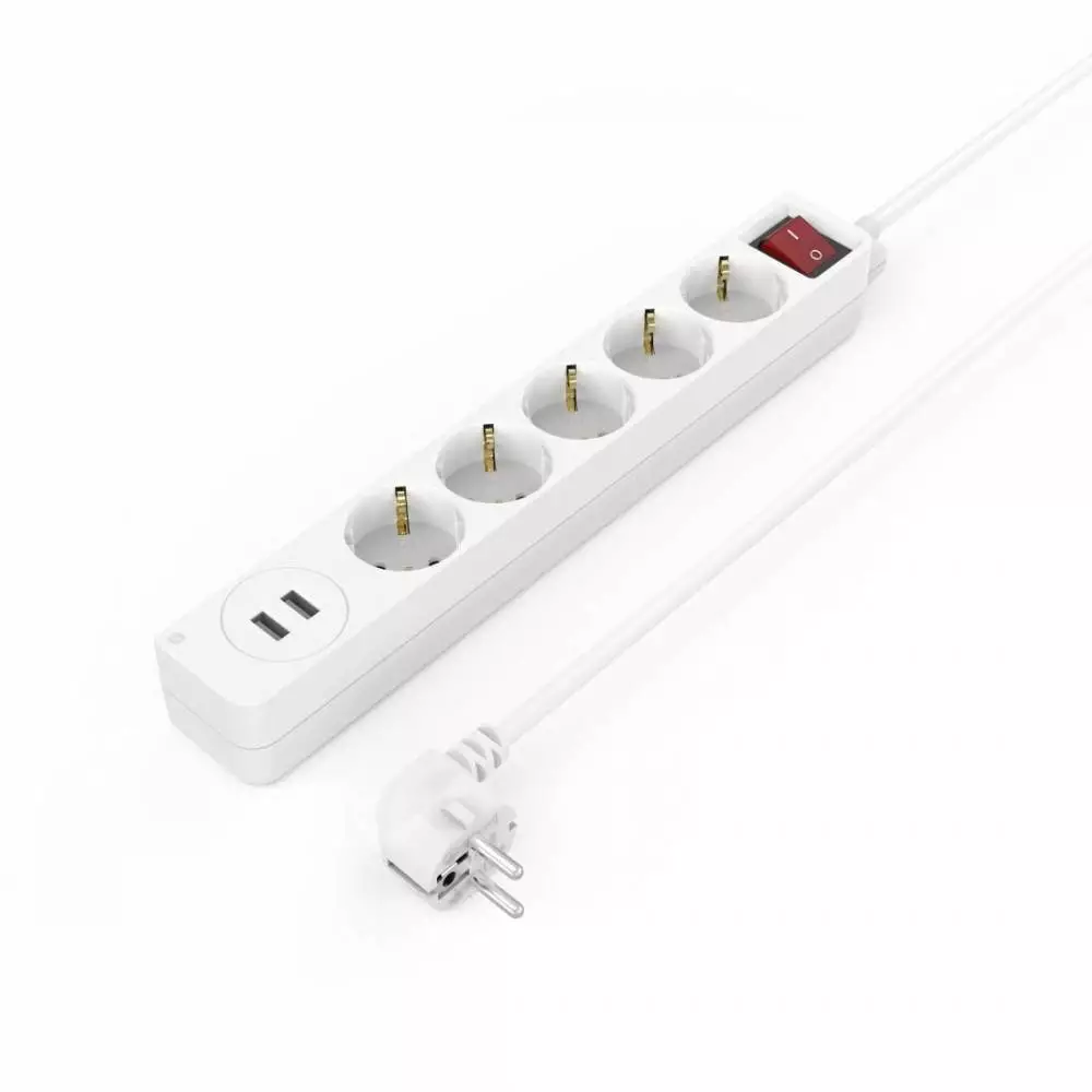 Разклонител HAMA USB 3.4A, 5 гнезда, 2x USB, 3400mA,1.4м, 3680W, Бял