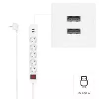 Разклонител HAMA USB 3.4A, 5 гнезда, 2x USB, 3400mA,1.4м, 3680W, Бял