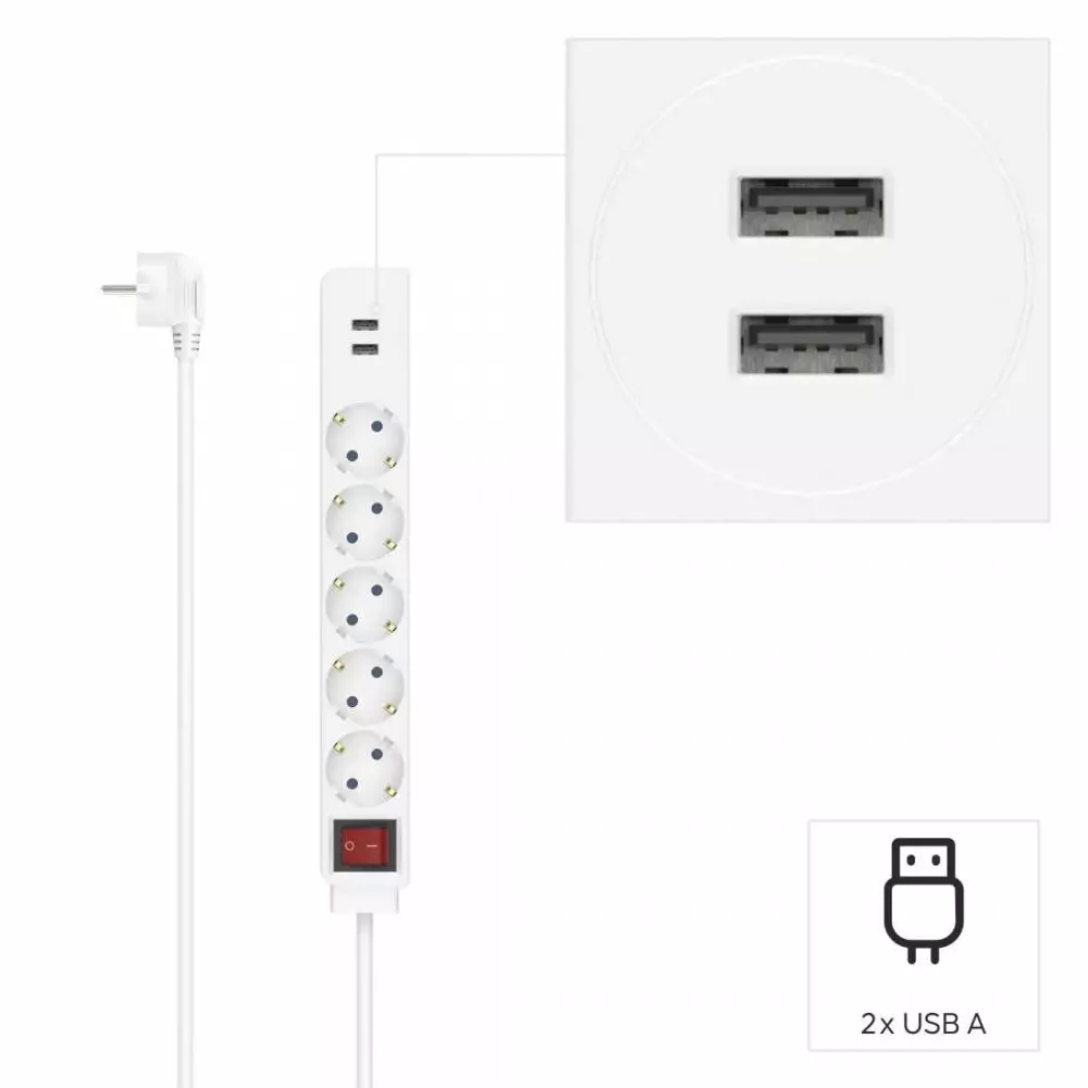 Разклонител HAMA USB 3.4A, 5 гнезда, 2x USB, 3400mA,1.4м, 3680W, Бял