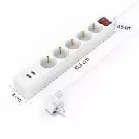 Разклонител HAMA USB 3.4A, 5 гнезда, 2x USB, 3400mA,1.4м, 3680W, Бял