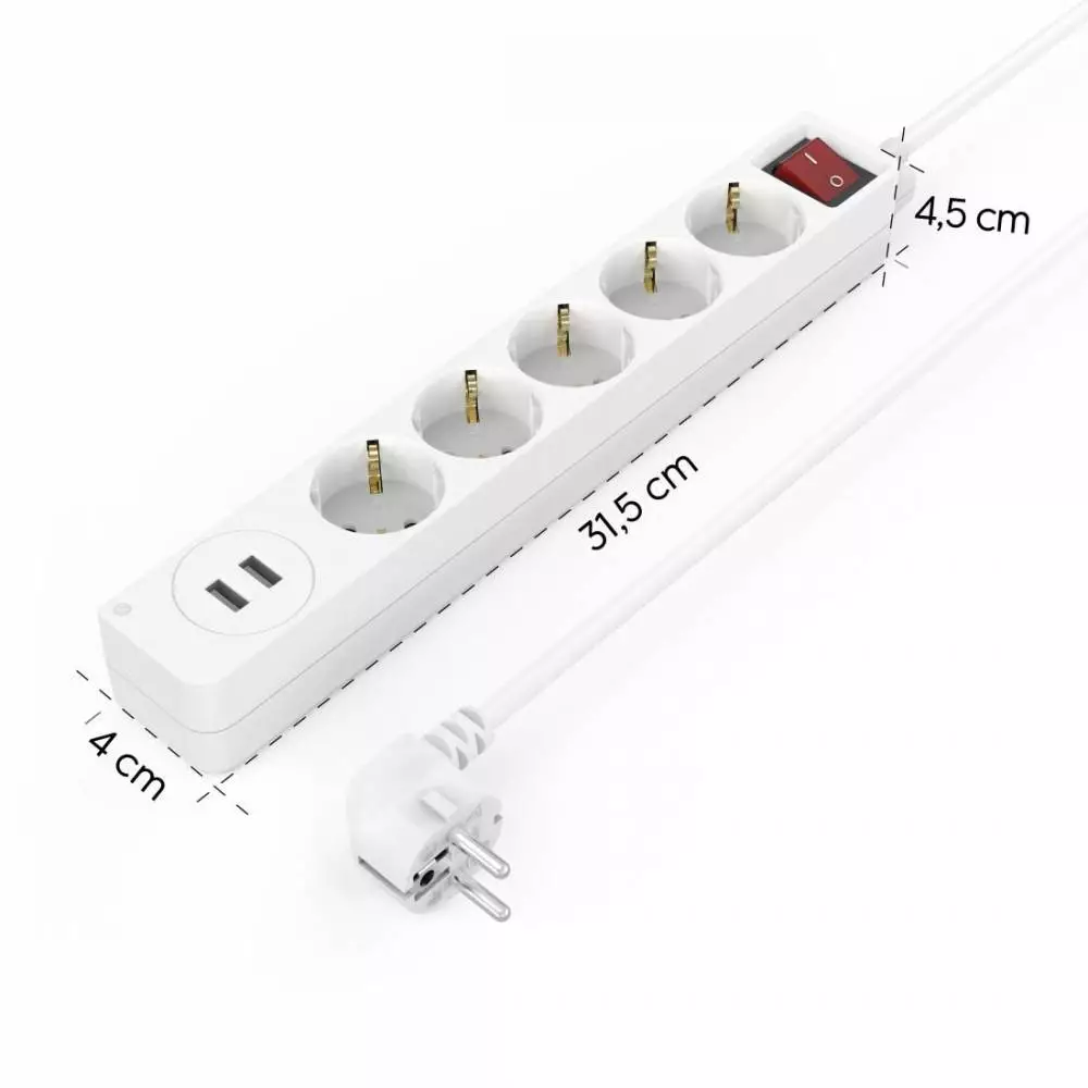 Разклонител HAMA USB 3.4A, 5 гнезда, 2x USB, 3400mA,1.4м, 3680W, Бял