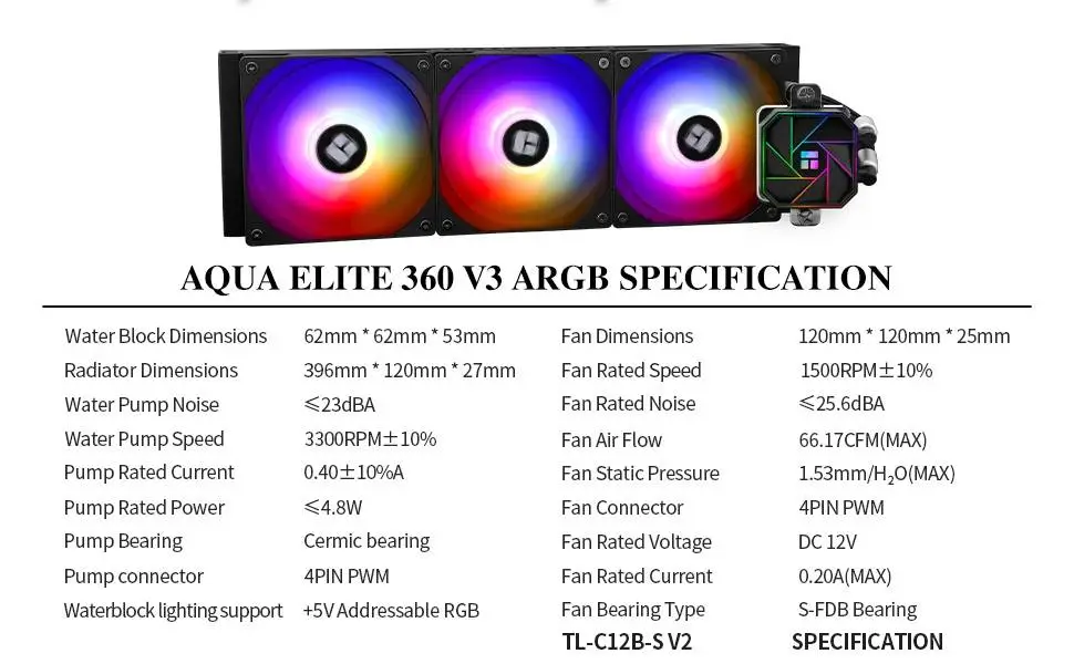 Водно охлаждане за процесор Thermalright Aqua Elite 360 Black A-RGB V3 Water Cooling