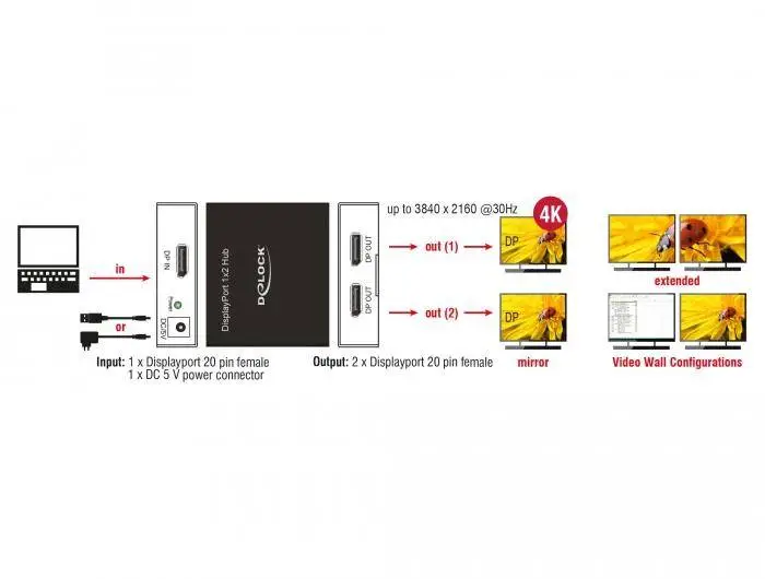 Сплитер DeLock, DisplayPort 1.2 Splitter 1 x DisplayPort in - 2 x DisplayPort out 4K