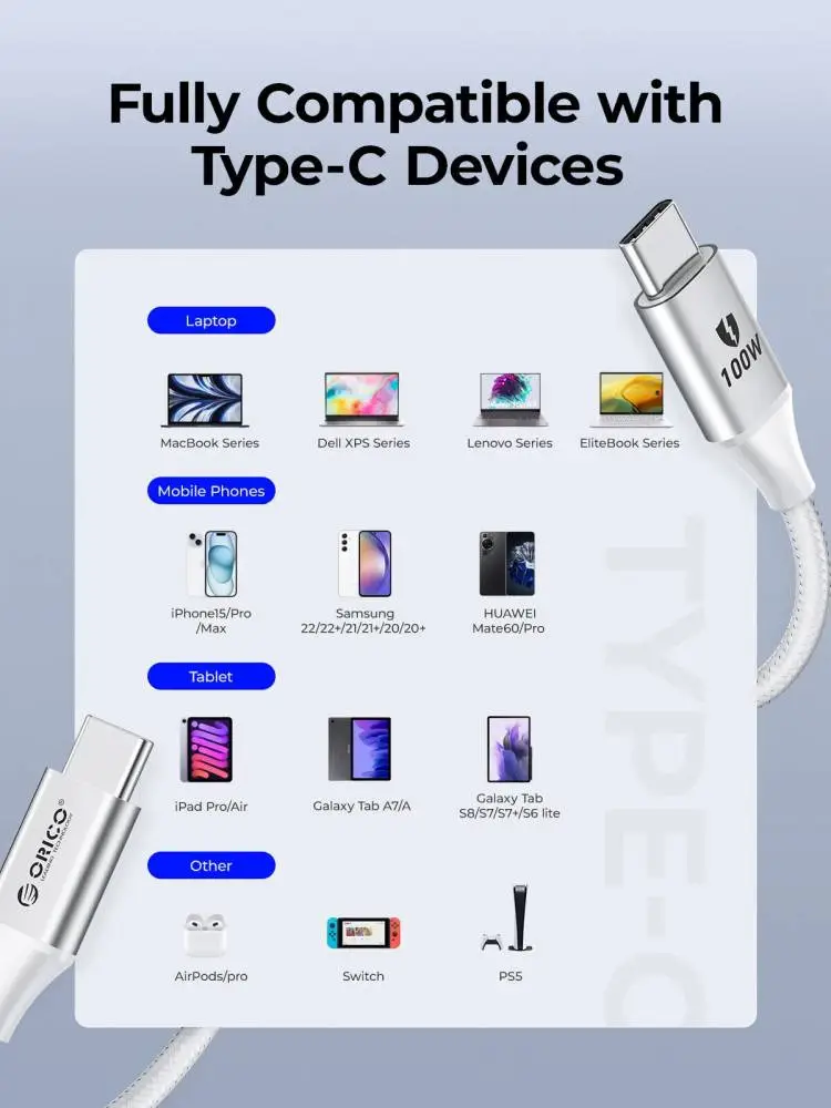 Orico кабел Cable USB C-to-C PD 100W Charging 1.0m White - CDX-100CC-WH