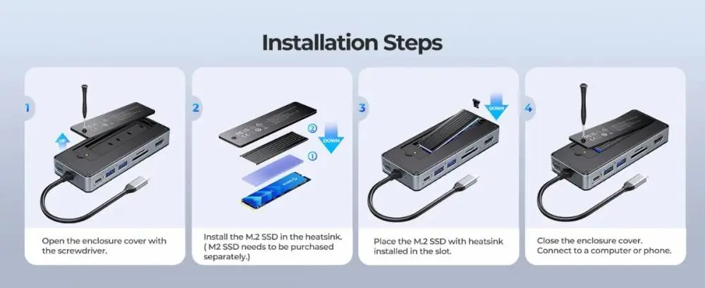 Orico докинг станция Portable Docking station M.2 SATA/NVMe - HDMI, USB3.2-A x 2, USB-C (10Gbps) x 1,USB-C (PD100W), SD/TF - OM28P-G2-BK