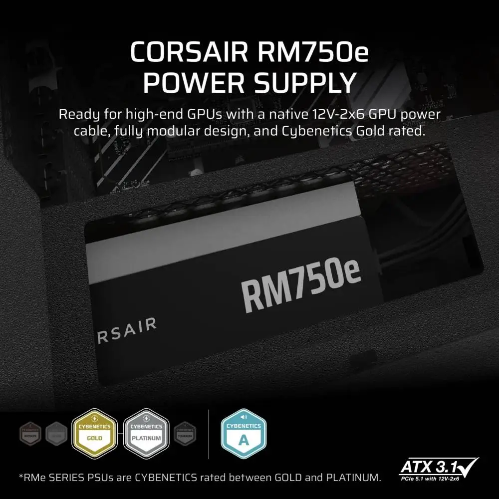 Захранване Corsair RMe RM750e 2025 750W 80 Plus Gold ATX 3.1 PCIe 5.1 Fully Modular PSU - CP-9020295-EU 