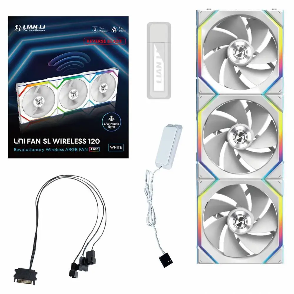 Вентилатори 3бр Lian Li UNI FAN SL Wireless ARGB PWM Reverse Blade - 120 mm Бели + Контролер
