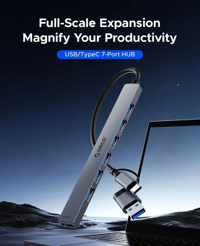 Orico хъб HUB USB-C 5 port - USB3.0 x 1, USB2.0 x 2, USB-C x 2, Aluminium - YSA4-U2-GY
