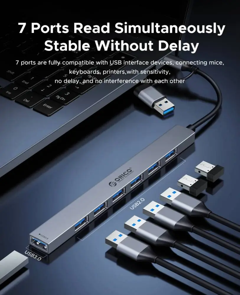 Orico хъб HUB USB-C 5 port - USB3.0 x 1, USB2.0 x 2, USB-C x 2, Aluminium - YSA4-U2-GY