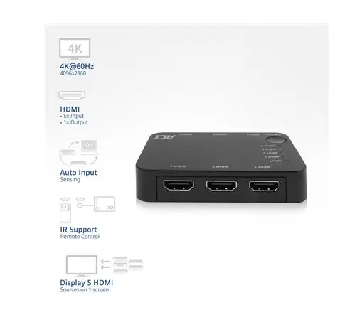 HDMI суич ACT AC7841, 5/1, 3D, 4K@60Hz, Черен