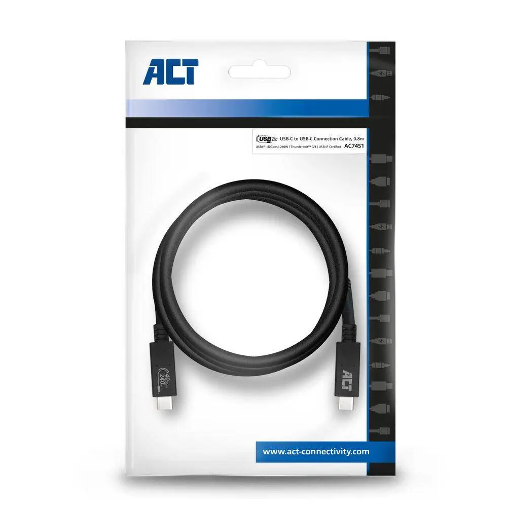 ACT Кабел USB-C - USB-C, 0.8 м / USB4, 40Gbps, 240W, сертифициран USB-IF