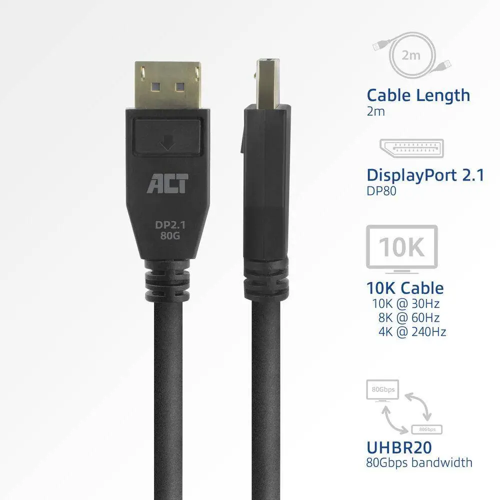 ACT Кабел Display port 2.1 мъжко-мъжко,8К@60Hz,4k@240Hz, 2м, черен