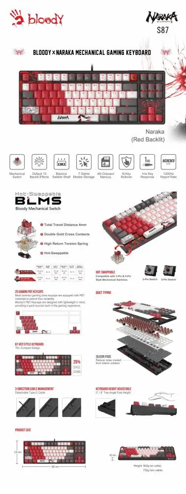 Геймърска механична  клавиатура Bloody Naraka S87  TKL Backlit red switch , USB