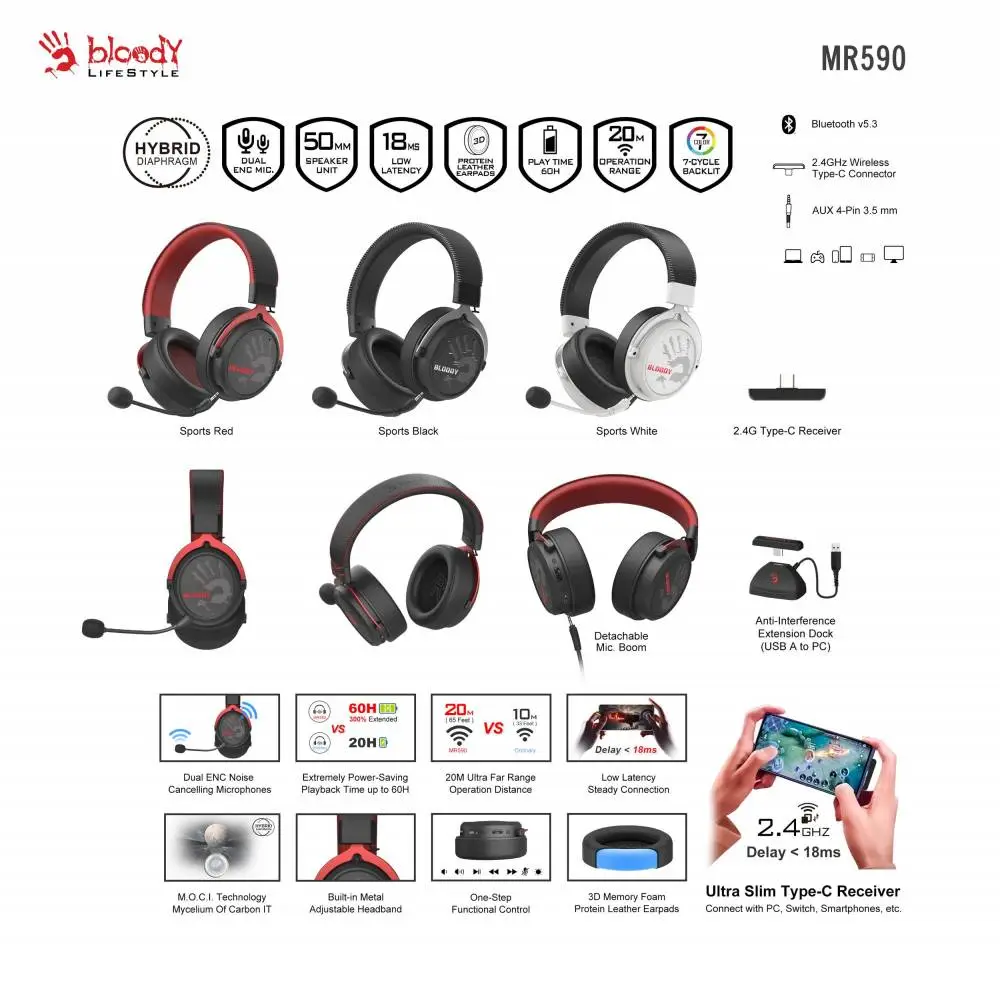 A4tech Bloody МR-590 Геймърски безжични слушалки с микрофон,Bluetooth 3.5мм жак, бял