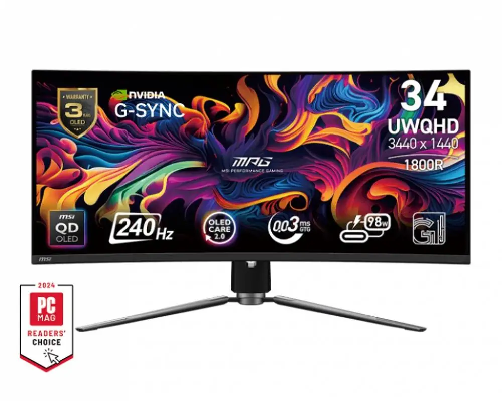 Монитор MSI MPG 341CQPX QD-OLED, 34", QD-OLED, UWQHD 3440x1440 Curved 1800R, 240Hz, 0.03ms, HDR400, G-Sync Compatible 