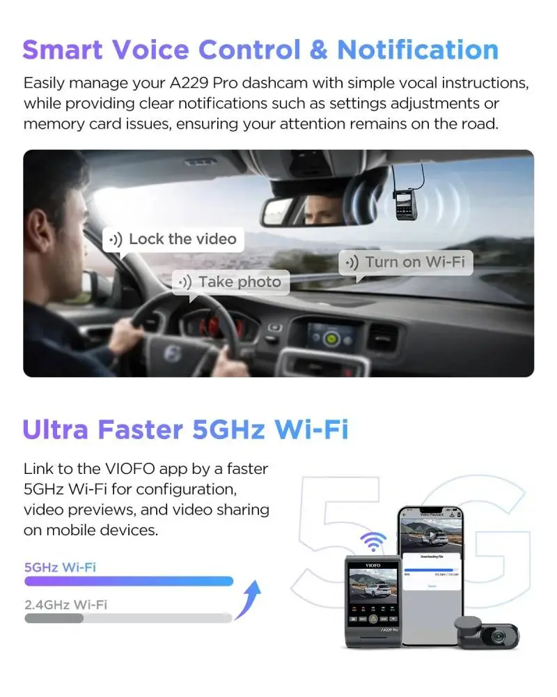 VIOFO Видеорегистратор Dash Cam A229 Pro 2 Channel - 4K, HDR, Dual Sony STARVIS 2, GPS, Bluetooth