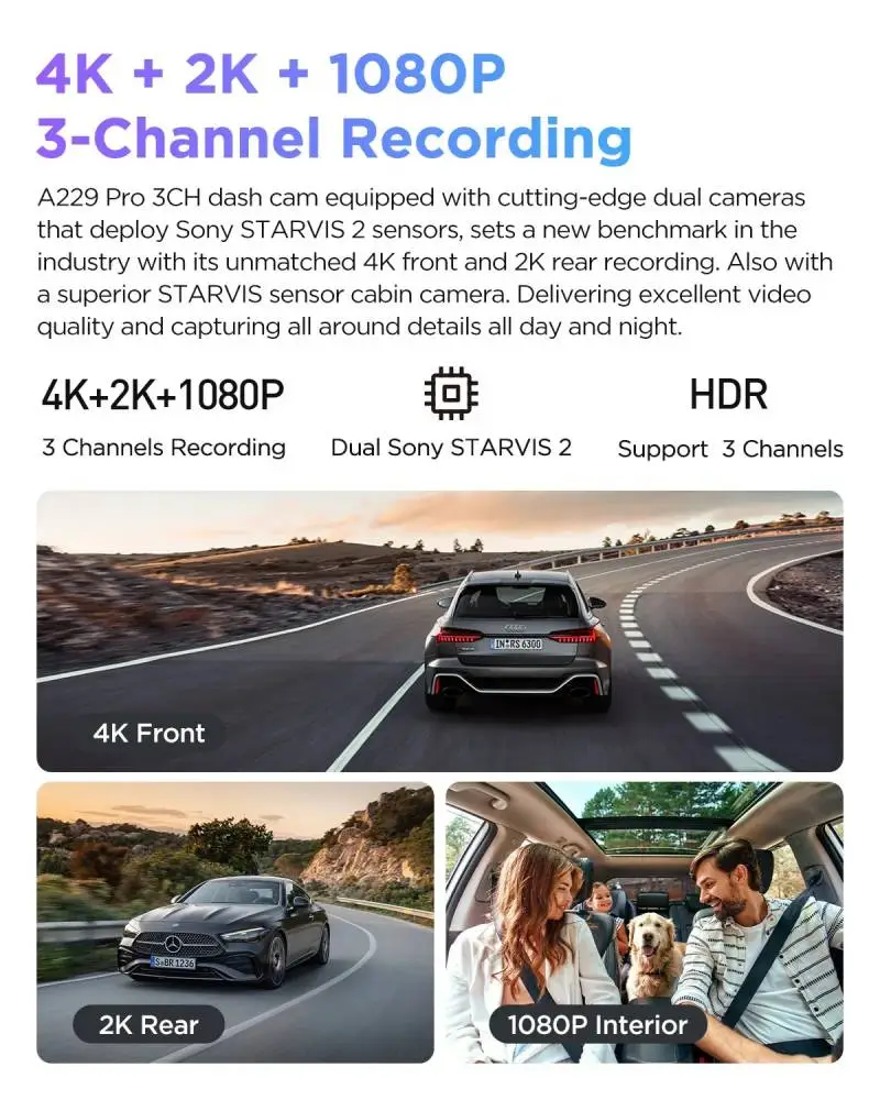 VIOFO Видеорегистратор Dash Cam A229 Pro 3 Channel - 4K, HDR, Dual Sony STARVIS 2, GPS, Bluetooth