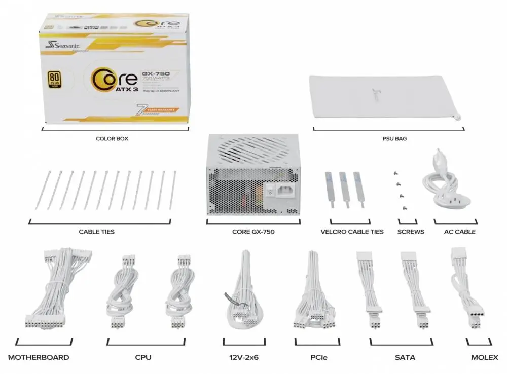 Захранване Seasonic CORE GX-750 V2 White PSU ATX 3.1 750W Gold Full Modular PCIe 5.1 - SRP-CGX751-A5A32SF-WH