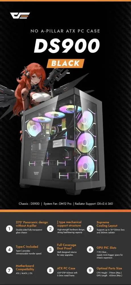 Кутия Darkflash DS900 Black 7 x 120 mm A-RGB, USB-C, ATX Case