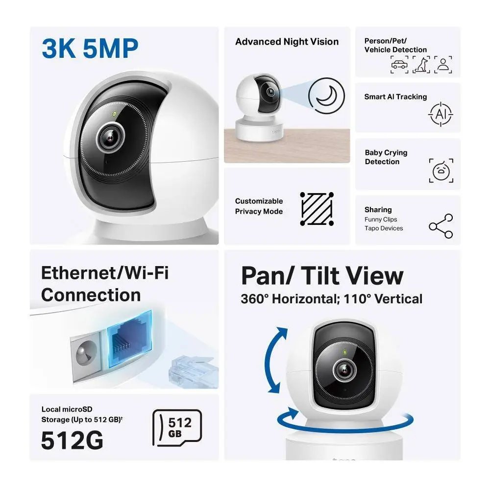 Домашна охранителна WiFi камера TP-Link Tapo C232, 3K 5Mp  с AI, Pan/Tilt, LAN, WiFi,SDmicro, нощно виждане
