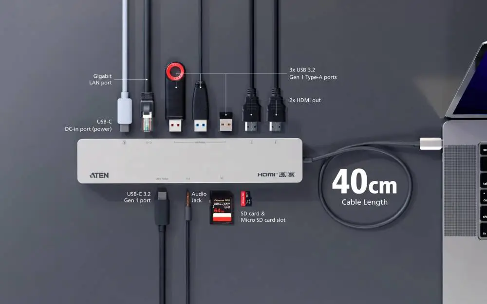 ATEN Докинг 11-in-1 USB-C Multiport Dock + Power Pass-Through, 2 x HDMI, LAN,3.5mm, USB-C, SD Card , microSD, 3 x USB 3.2