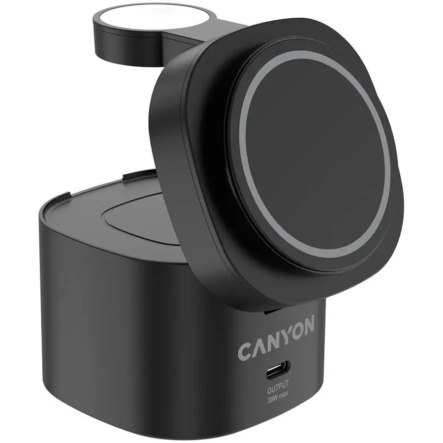 Зарядно за телефон Canyon CNS-WCS405B 4 in 1 Wireless Charging Stand, 30W max, with 65W charger and 1M cable, black