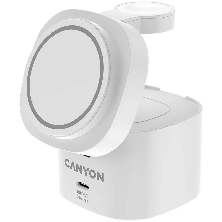 Зарядно за телефон Canyon CNS-WCS405W 4 in 1 Wireless Charging Stand, 30W max, with 65W charger and 1M cable, white