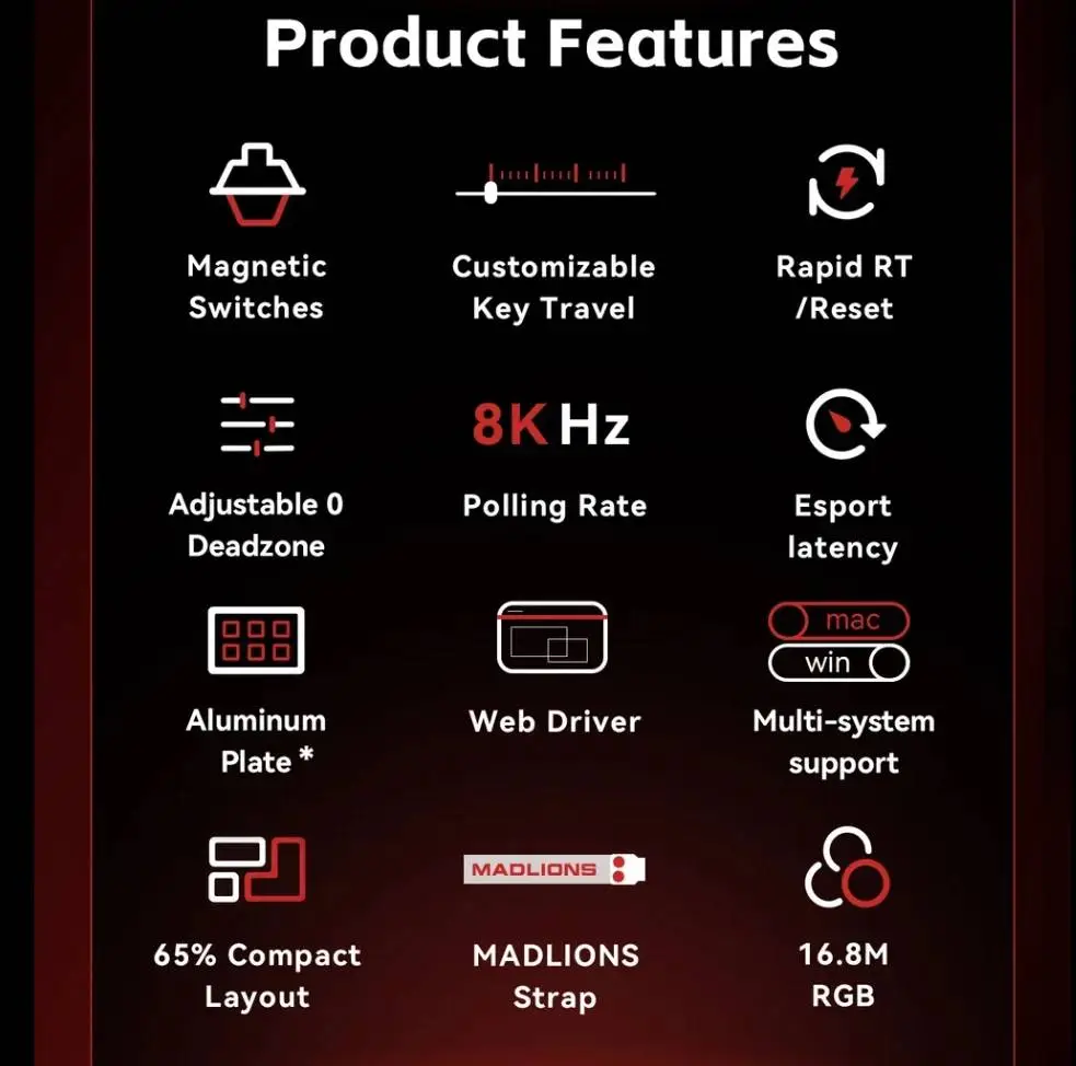 Madlions професионална геймърска механична клавиатура Professional Gaming Mechanical Keyboard MAD 60 HE Flagship V2 - 8K, Magnetic Amber Pro Switches - Black