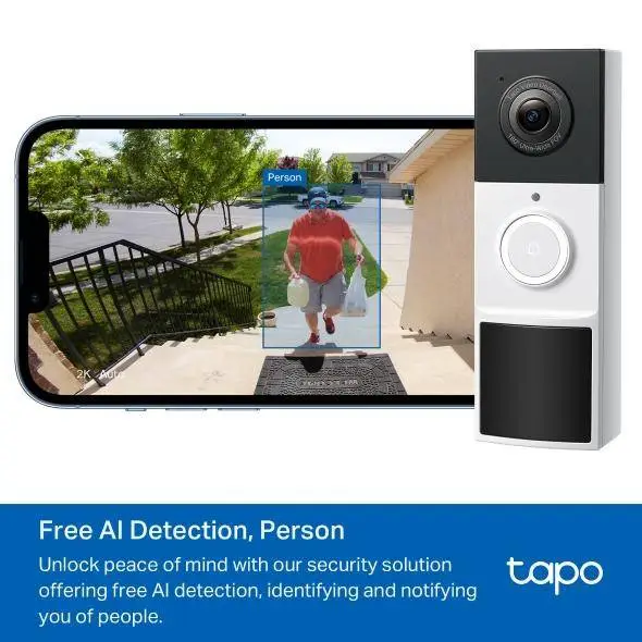 TP LINK нтелигентен видео звънец за врата Tapo D210, 2K QHD (2560&times;1440),160&deg; зрителен ъгъл, microSD до 512 GB, 2.4Ghz, AI-разпознаване
