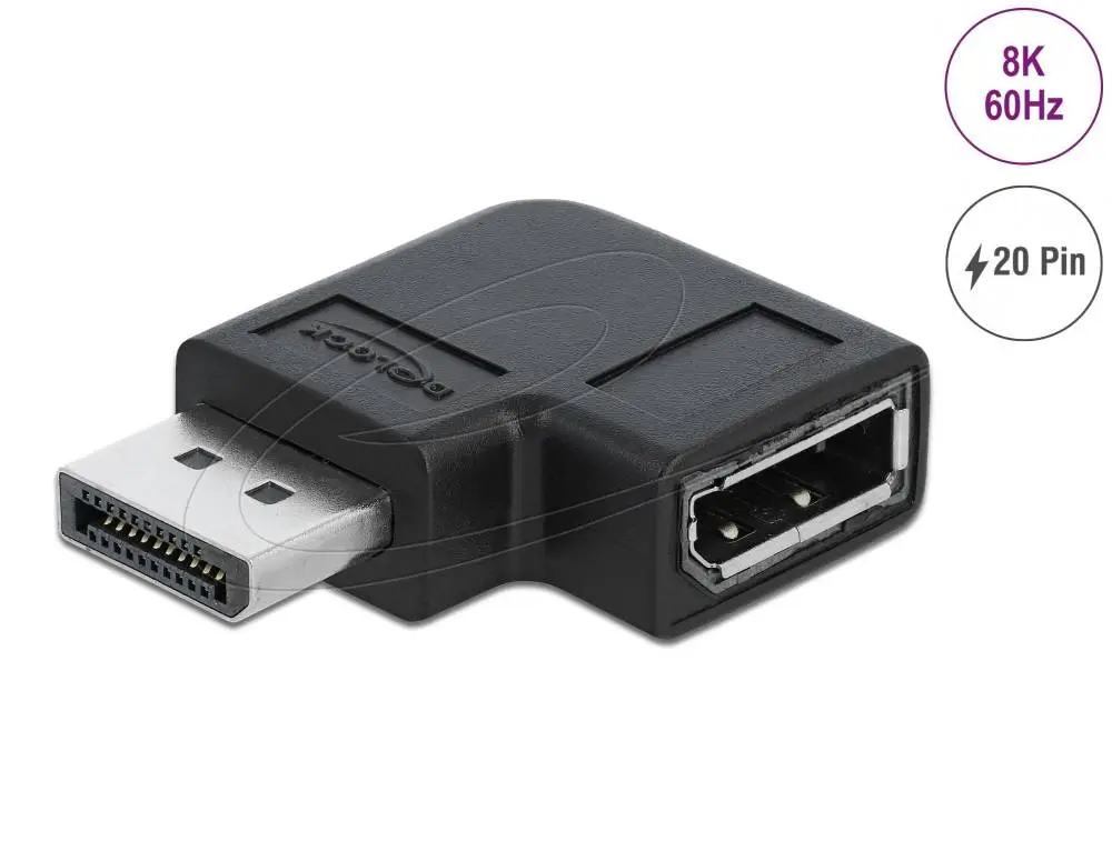Адаптер Delock 90&deg; DisplayPort 1.4 , 20 pin  мъжко (male) към  DisplayPort 1.4 20 pin женско (female), 8К 7680 x 4320 @ 60 Hz with DSC support