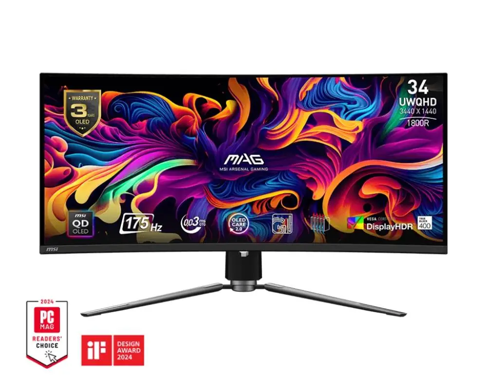Монитор MSI MAG 341CQP QD-OLED, 34", OLED UWQHD 3440x1440, 175Hz, 0.03ms, Fanless with Graphene, ClearMR 9000, HDR, KVM, DP (1.4a), 2x HDMI (2.1), Type-C (DP alt. PD 15W), USB HUB