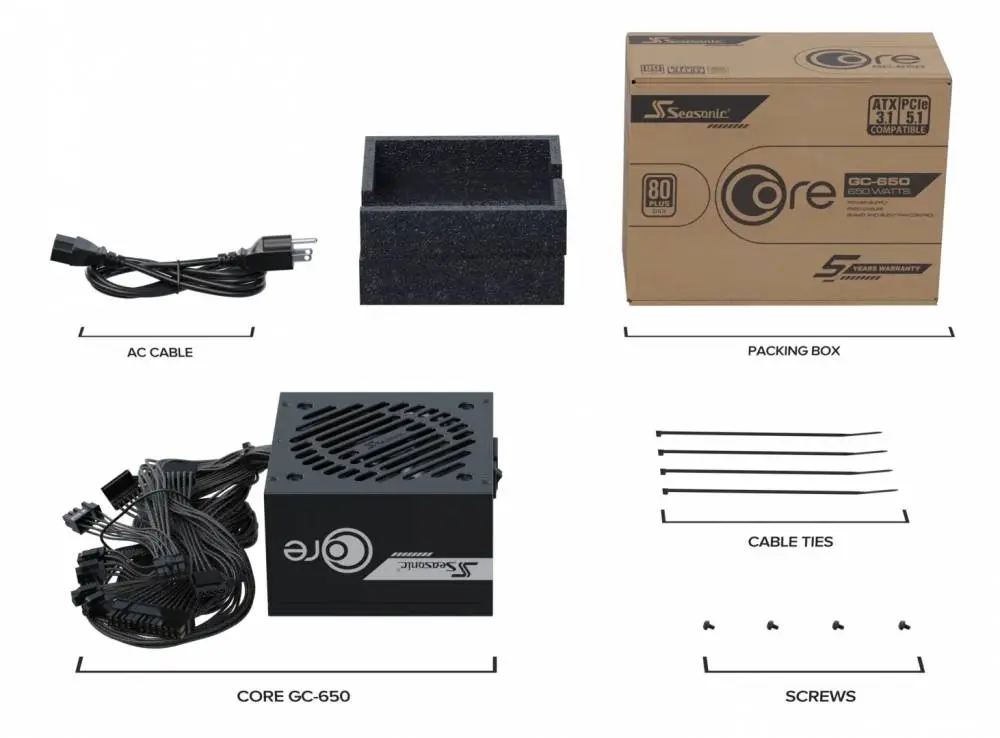 Захранване Seasonic CORE GC-650 80 Plus Gold PSU ATX 3.1 - SRP-CGC651-A5A32SF