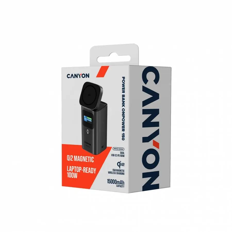 Външна батерия CANYON Qi2 magnetic power bank OnPower 150 15000mAh Aluminium Dark grey