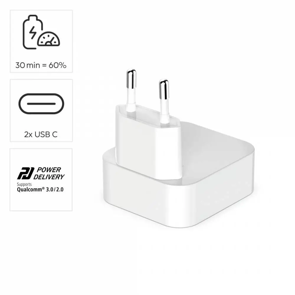 HAMA Бързо мини зарядно GaN, 2 x USB-C, PD, 40 W, сгъващ се адаптер, бял