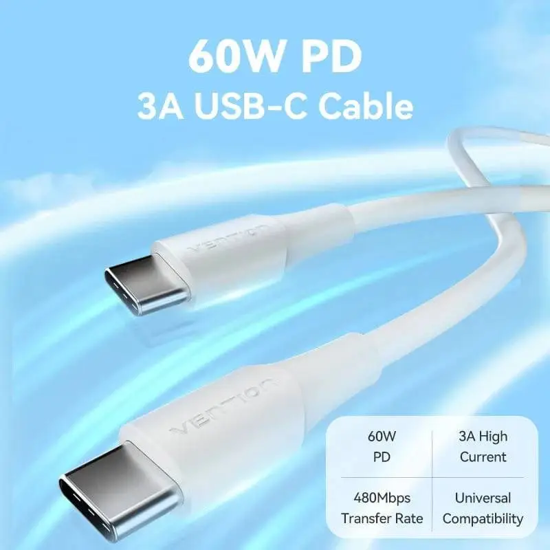 Vention Кабел USB 2.0 Type-C to Type-C - 1M White 3A Fast Charge - TAXWF