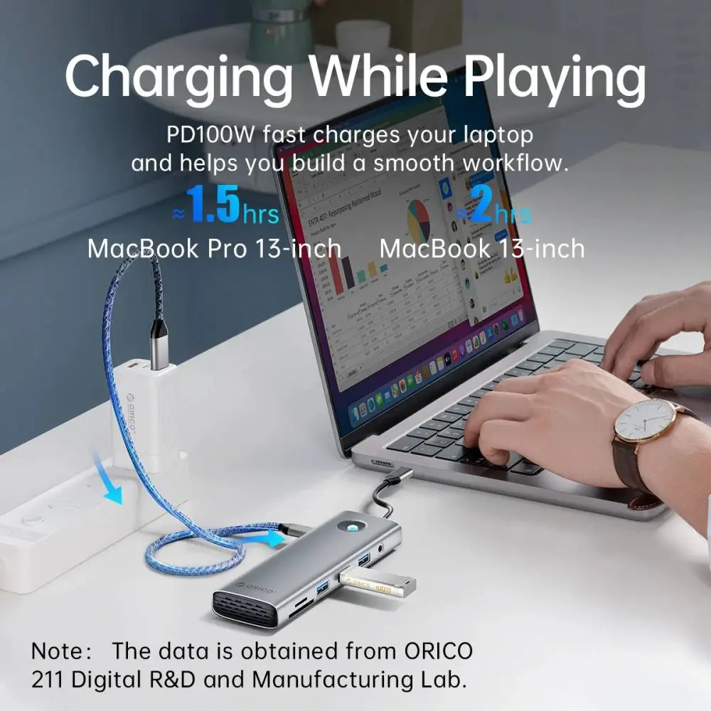 Orico докинг станция Docking Station Type-C - PW11-9P-GY-EP - HDMI x 1, VGA x 1,  USB3.0 x 3, USB-C PD100W x 1, LAN x 1 (1Gbps), SD/TF