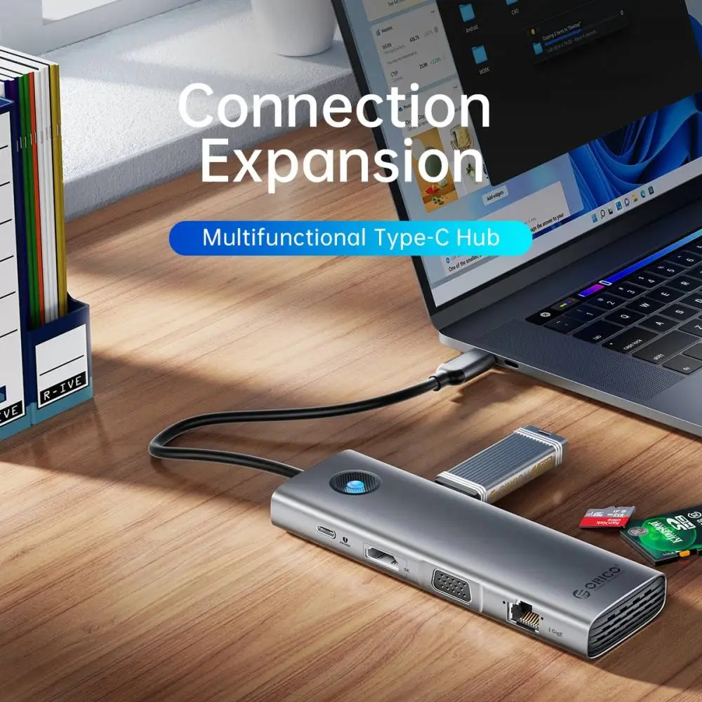 Orico докинг станция Docking Station Type-C - PW11-9P-GY-EP - HDMI x 1, VGA x 1,  USB3.0 x 3, USB-C PD100W x 1, LAN x 1 (1Gbps), SD/TF