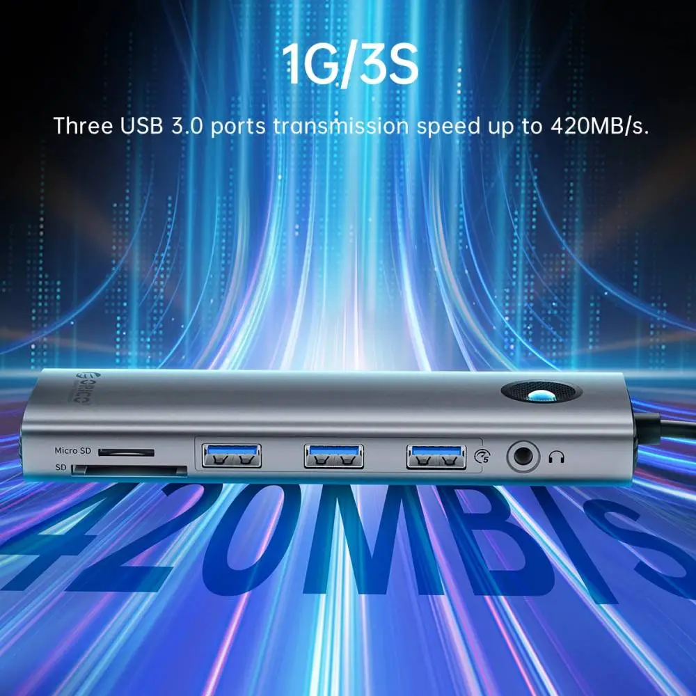 Orico докинг станция Docking Station Type-C - PW11-9P-GY-EP - HDMI x 1, VGA x 1,  USB3.0 x 3, USB-C PD100W x 1, LAN x 1 (1Gbps), SD/TF