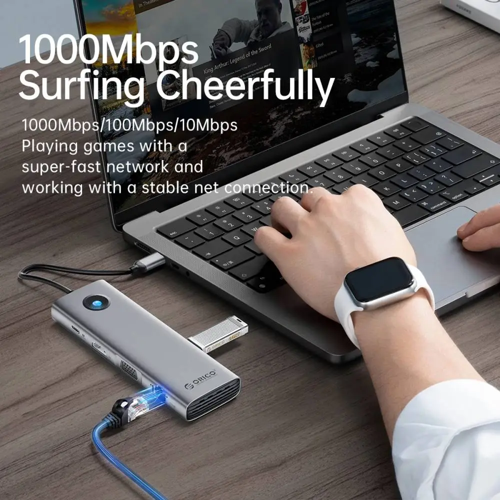 Orico докинг станция Docking Station Type-C - PW11-9P-GY-EP - HDMI x 1, VGA x 1,  USB3.0 x 3, USB-C PD100W x 1, LAN x 1 (1Gbps), SD/TF
