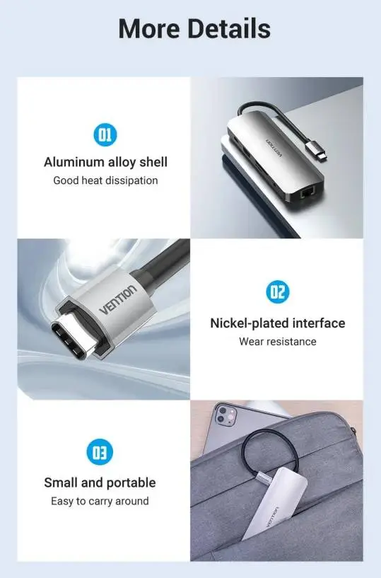 Vention докинг станция Docking Station Type-C - TOLHB - HDMI x 1, USB3.0 x 3, USB-C PD100W x 1, LAN x 1 (1Gbps), SD/TF, Audio