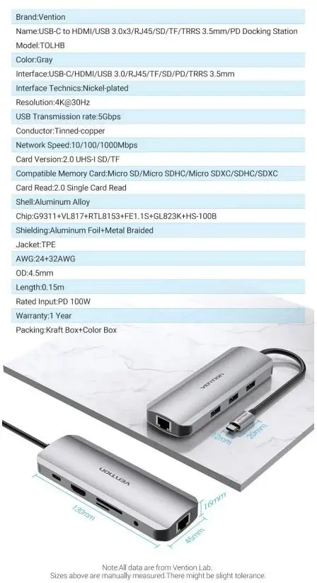 Vention докинг станция Docking Station Type-C - TOLHB - HDMI x 1, USB3.0 x 3, USB-C PD100W x 1, LAN x 1 (1Gbps), SD/TF, Audio