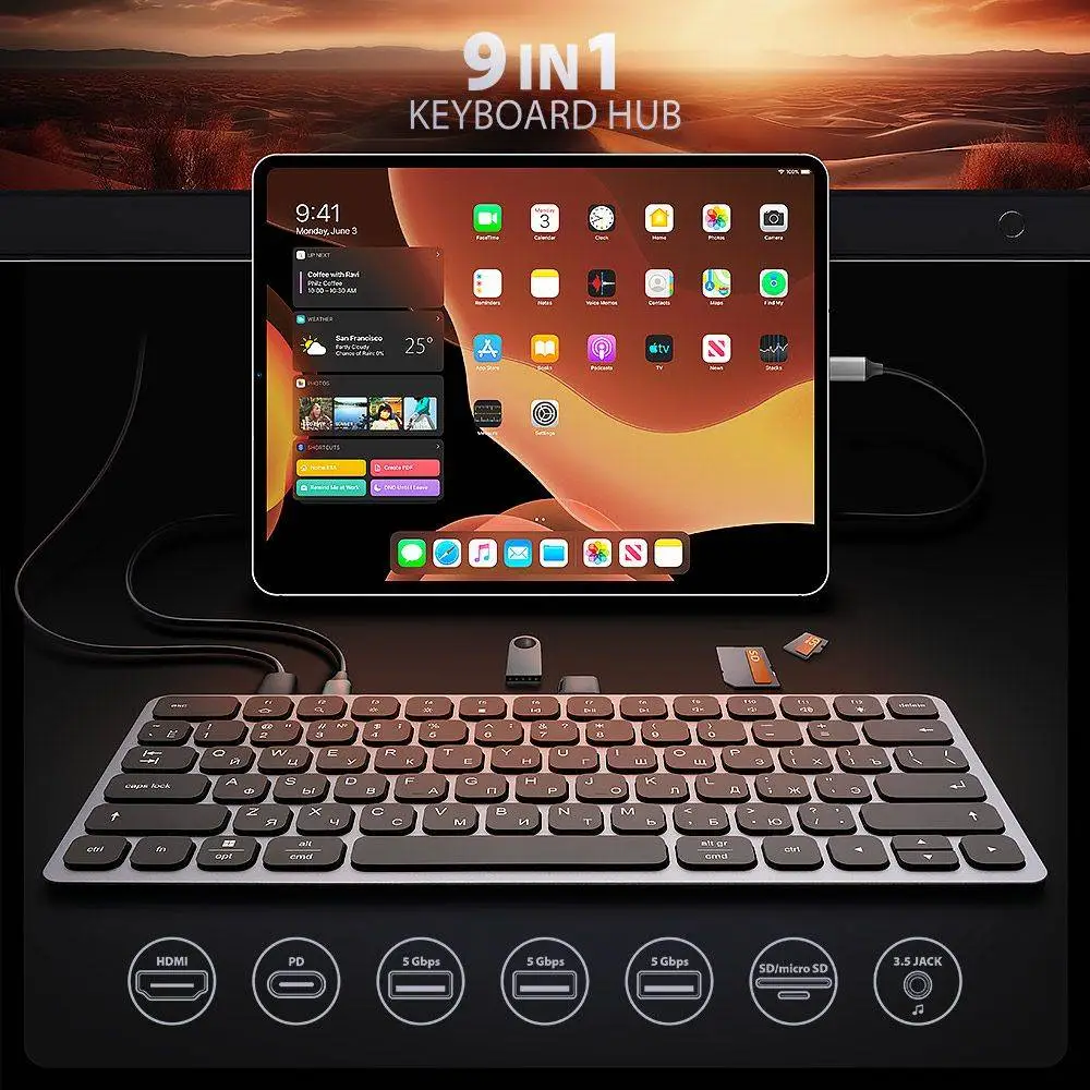 Клавиатура Axagon HMC-KB-CRL USB-C 5Gbps KEYBOARD 9in1 hub - RUS. HDMI, PD and 3 USB-A ports. USB-C cable 60 cm.