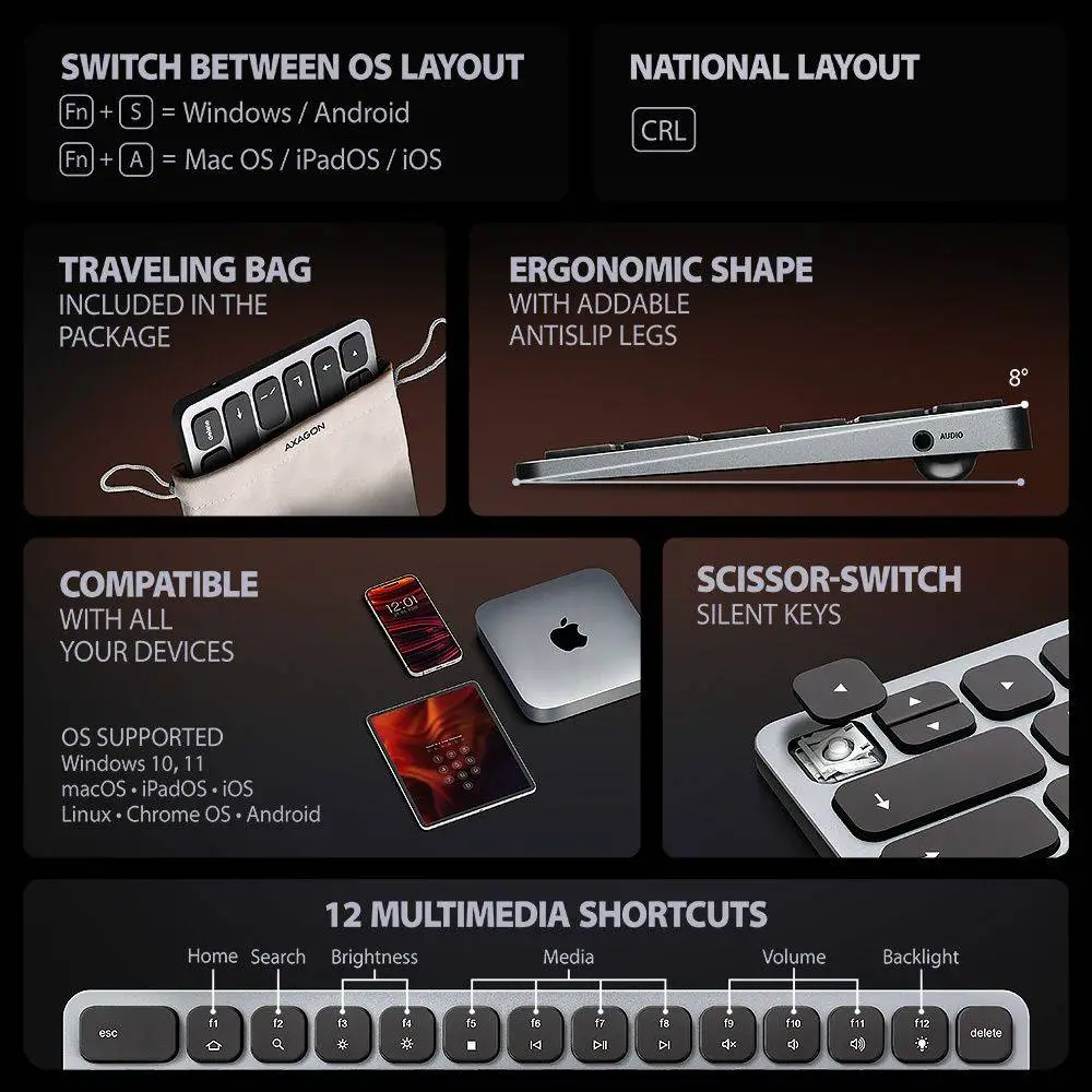 Клавиатура Axagon HMC-KB-CRL USB-C 5Gbps KEYBOARD 9in1 hub - RUS. HDMI, PD and 3 USB-A ports. USB-C cable 60 cm.