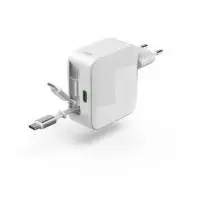HAMA Бързо зарядно, 65 W, GaN, 2x USB-C, с разтегателен кабел 0.7м, бял