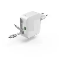 HAMA Бързо зарядно, 30 W, GaN, 2x USB-C, с разтегателен кабел 0.7м, бял